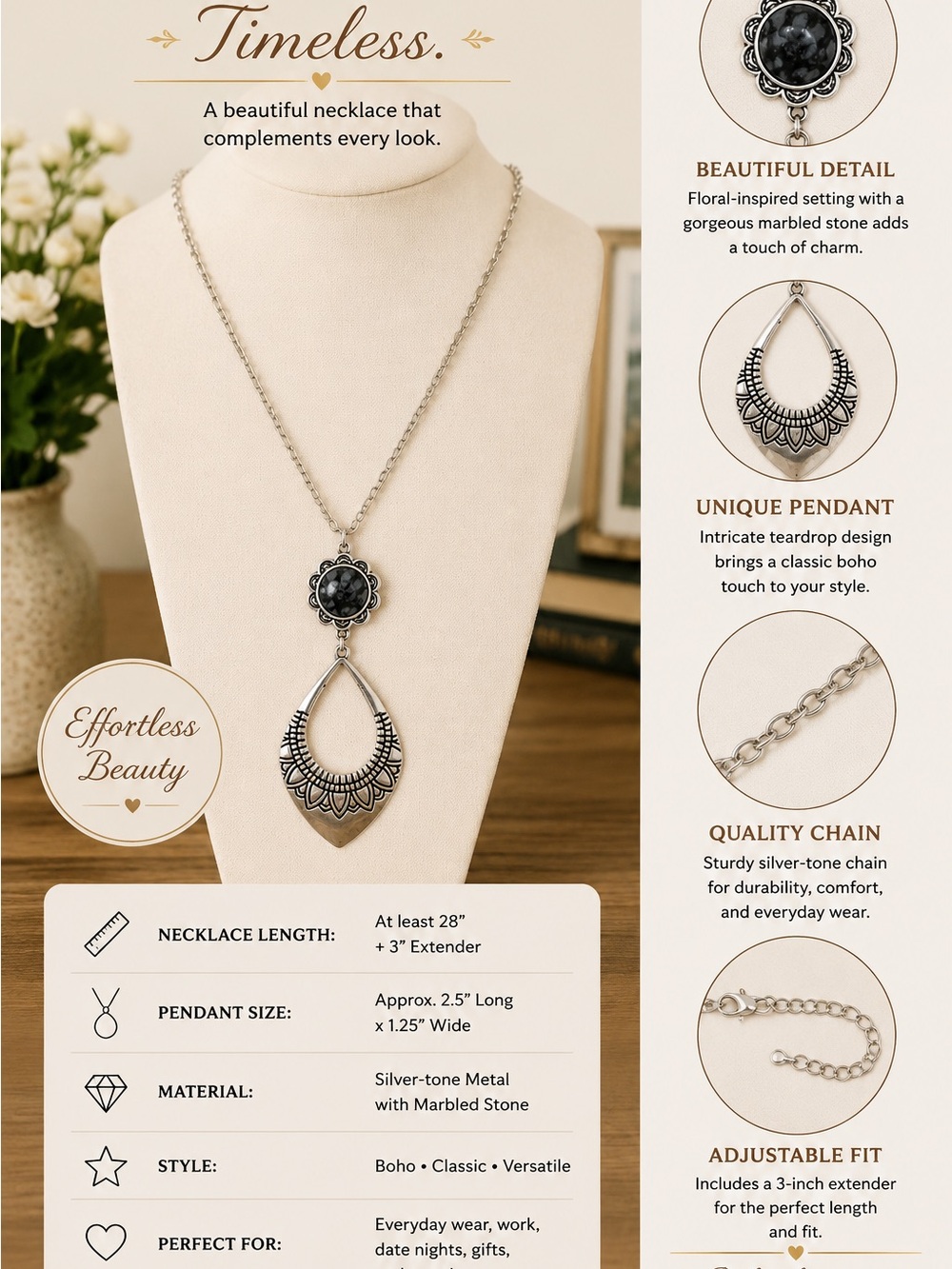 paparazzi Silver-Tone Necklace with Black Marbled Stone